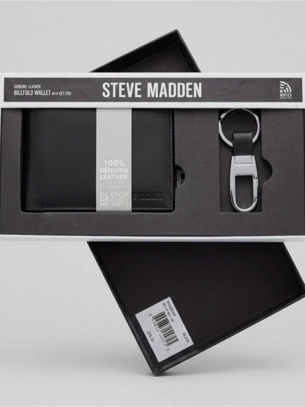 Steve Madden Black Leather Wallet and Key Fob Gift Set